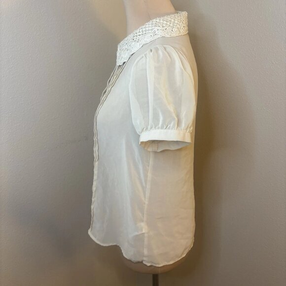 SOLD 90's Forever 21 Cream Sheer Short Sleeve Blouse with Lace Collar  Size L - Picture 4 of 8
